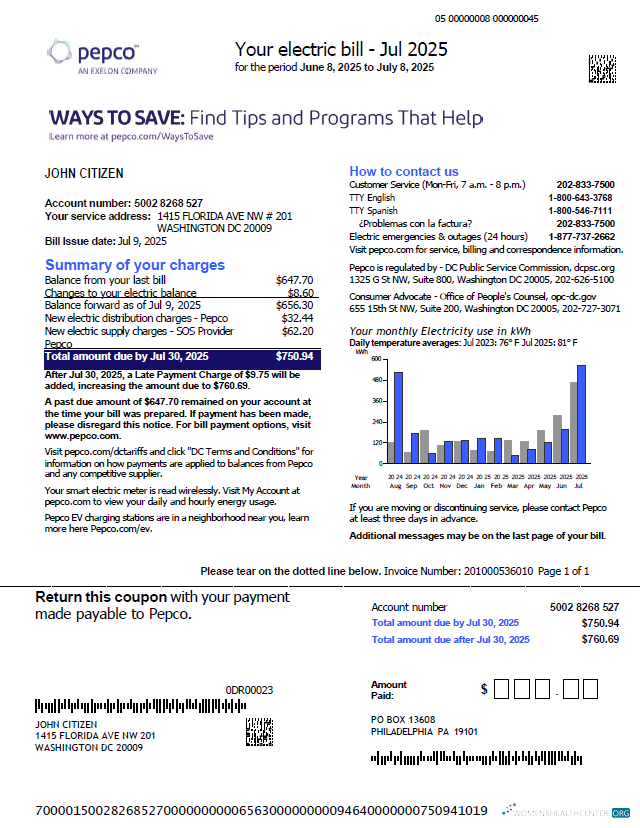 download download USA Pepco utility bill template in Word and PDF formats, version 3 PDF template PDF template